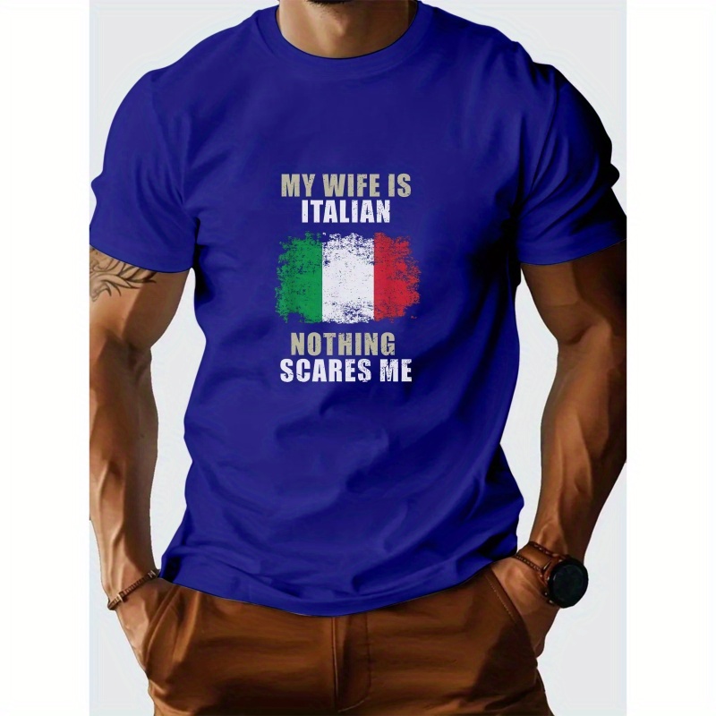 

Summer Essential: Men's 'my Wife Is Italian' Graphic Tee - Casual Polyester Crew Neck T-shirt, Machine Washable