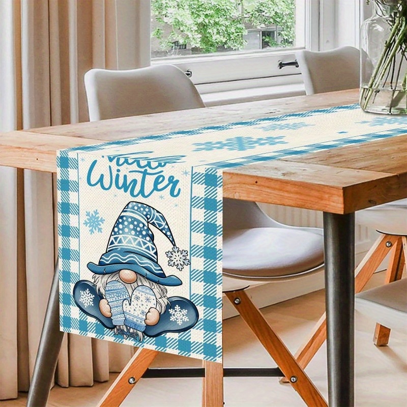 

1pc Christmas Linen Table Runner - Woven, 100% Linen, Rectangular, Durable & Machine Washable, Snowflakes & Cartoon Gnome Design For Holiday Home Decor