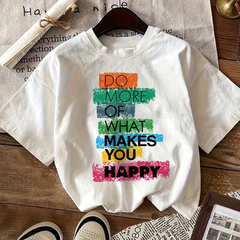 

Cotton Casual T-shirt For All Seasons - Alphabet Print, Round Neck, Knit Fabric, Comfortable Short Sleeve, Happy Motif Design