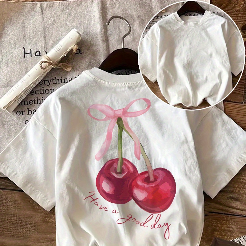 

Women's Casual Cotton T-shirt With Cherry Print, "have " Lettering, Regular Length, Round Neck, Knit Fabric, Fashion Top For All