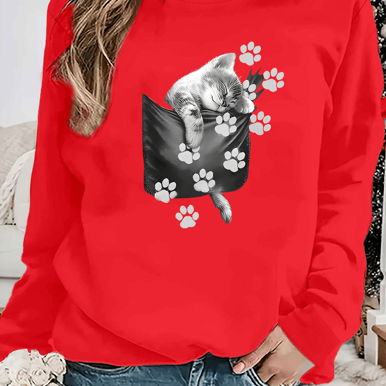 

Sweatshirt décontracté pour femme au col rond avec poche, graphismes de chaton et empreinte de patte, tissu polyester tricoté, pull-over à motif animal pour l'automne/hiver