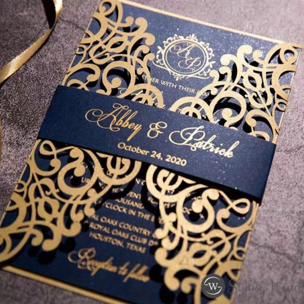 

25pcs Elegant Laser-cut Pearl Paper Wedding Invitation Cards In Navy Blue With Golden Accents - Weddings, Anniversaries & - Sophisticated Design With Inner Card Space, Wedding Gifts