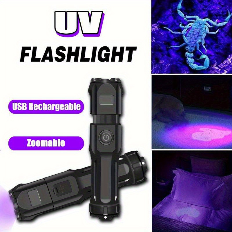 

Rechargeable Uv Blacklight Flashlight - 395nm, Zoomable, Homehold Flashlight With 3 Lighting Modes - Pet Stain Detection, Fluorescent , And