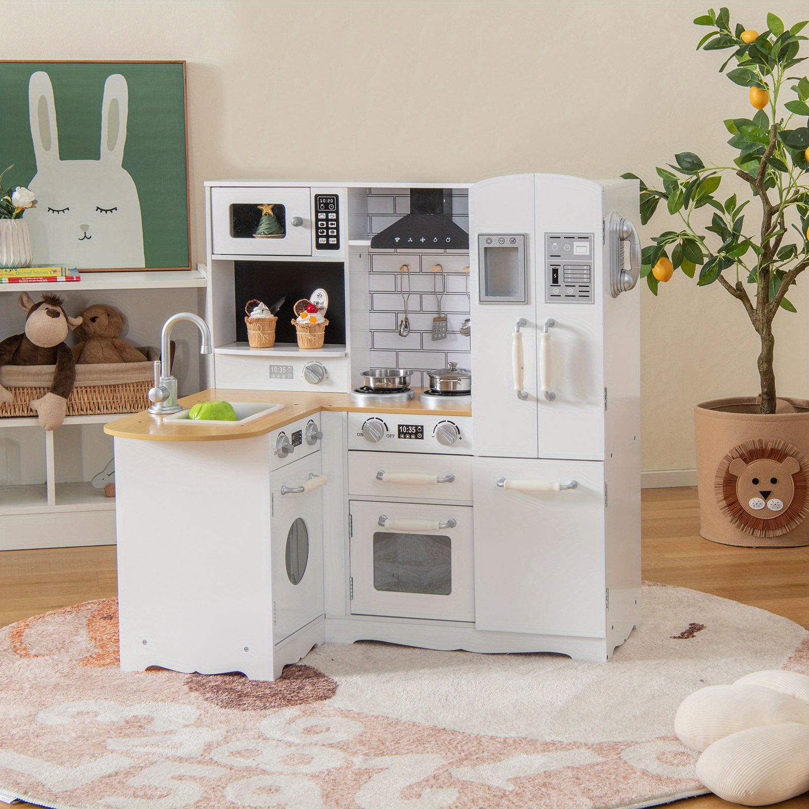 

Maxmass Kitchen Playset, Wooden Play Kitchen With Stove, Range Hood, Cute Telephone, Side Refrigerator, Washing Machine, Kitchen Utensils, Wooden Chef Play Kitchen For Toddlers, White