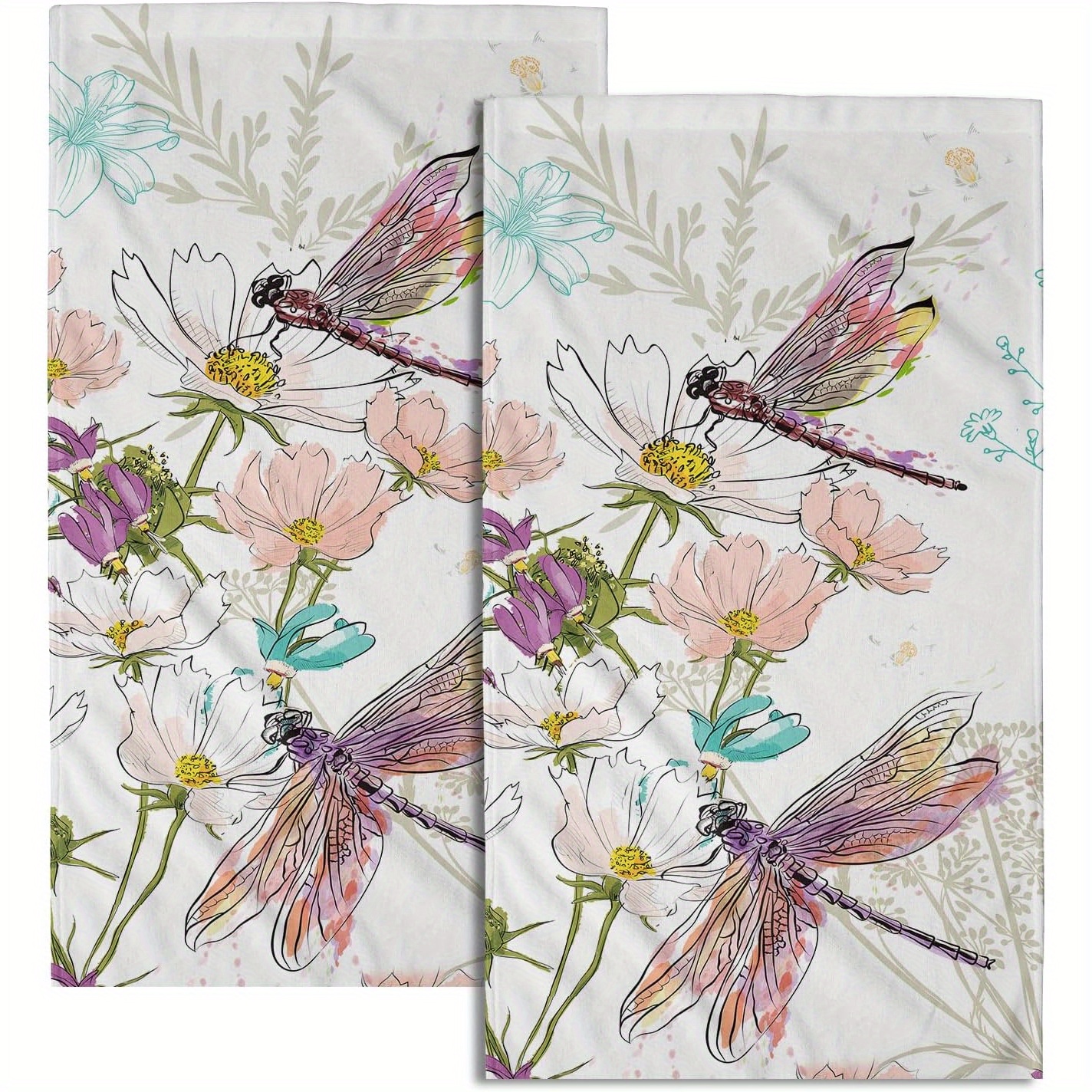 

Watercolor Dragonfly Kitchen Towels Set Of 2, Daisy Floral Polyester Dish Cloths, Super Soft Absorbent Fingertip Towels For Bathroom, Gym, Yoga, Modern Woven Decorative 18x26 Inch Towels