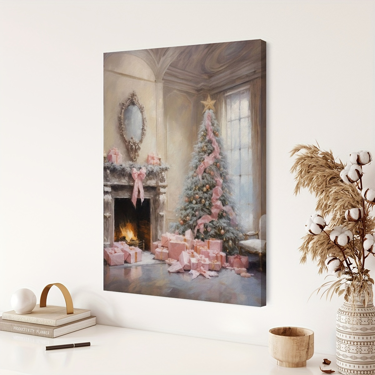 

Warm And -canvas Wall Art Printing, Warm Fireplace And -pink Style Art Design, Modern Festival Art Work, Suitable For Living Room Wall Decoration (with Wood Frame)