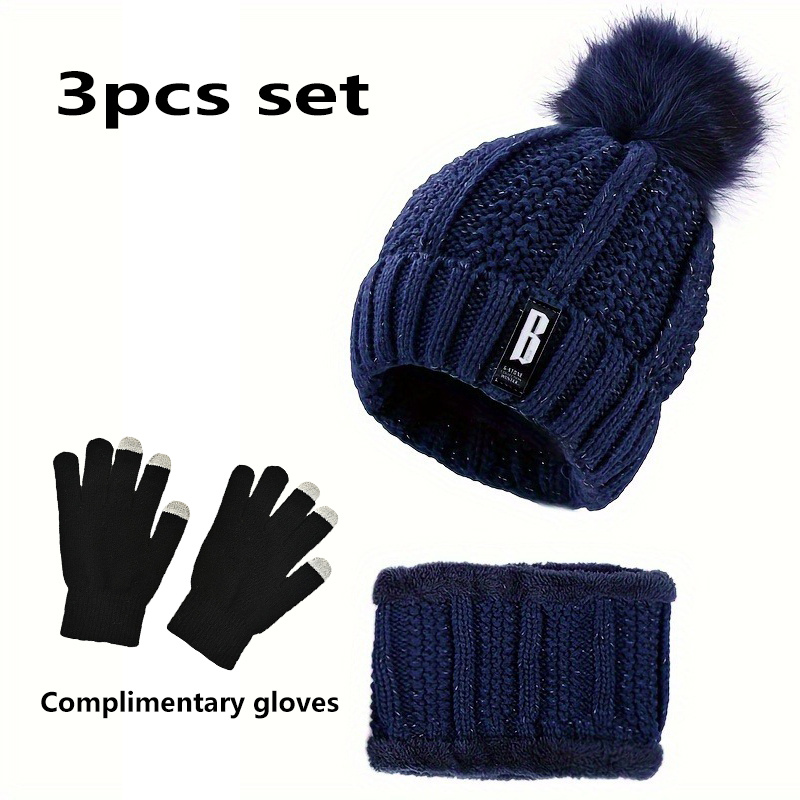 

3- Set - Polyester Hat, , And Complimentary Gloves , Knitted Weaving - Christmas