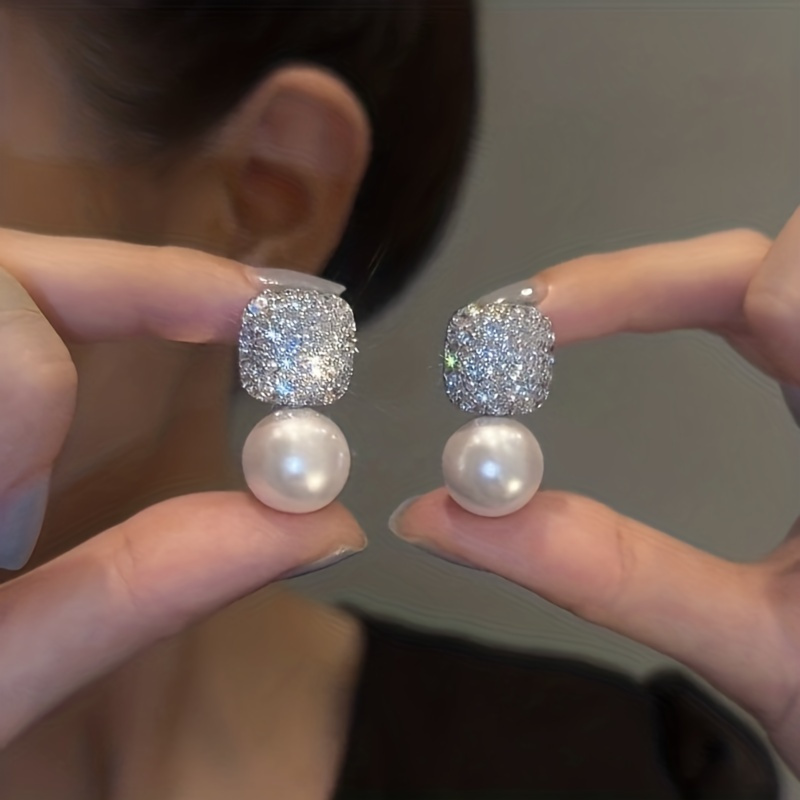 

Imitation Pearl Decoration, Sparkling Zircon Decoration, Hanging Earrings, Sparkling Luxury Style, Banquet Party Earrings