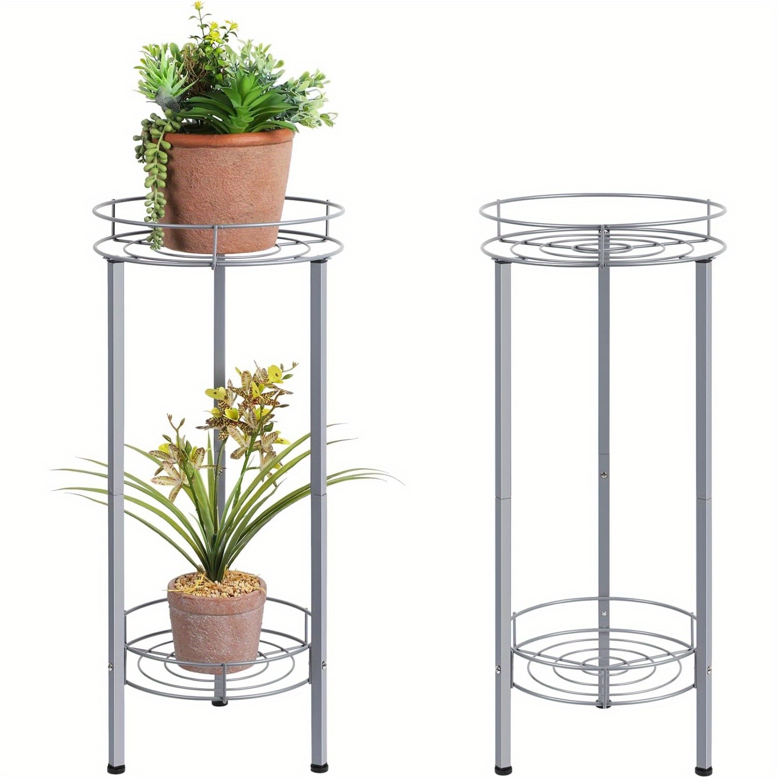 

2 Packs Plant Stand Indoor Outdoor 2 Tier Metal Planter Stand Table Tall Round Stand Decorative Display Rack For Patio Room Balcony, Silver