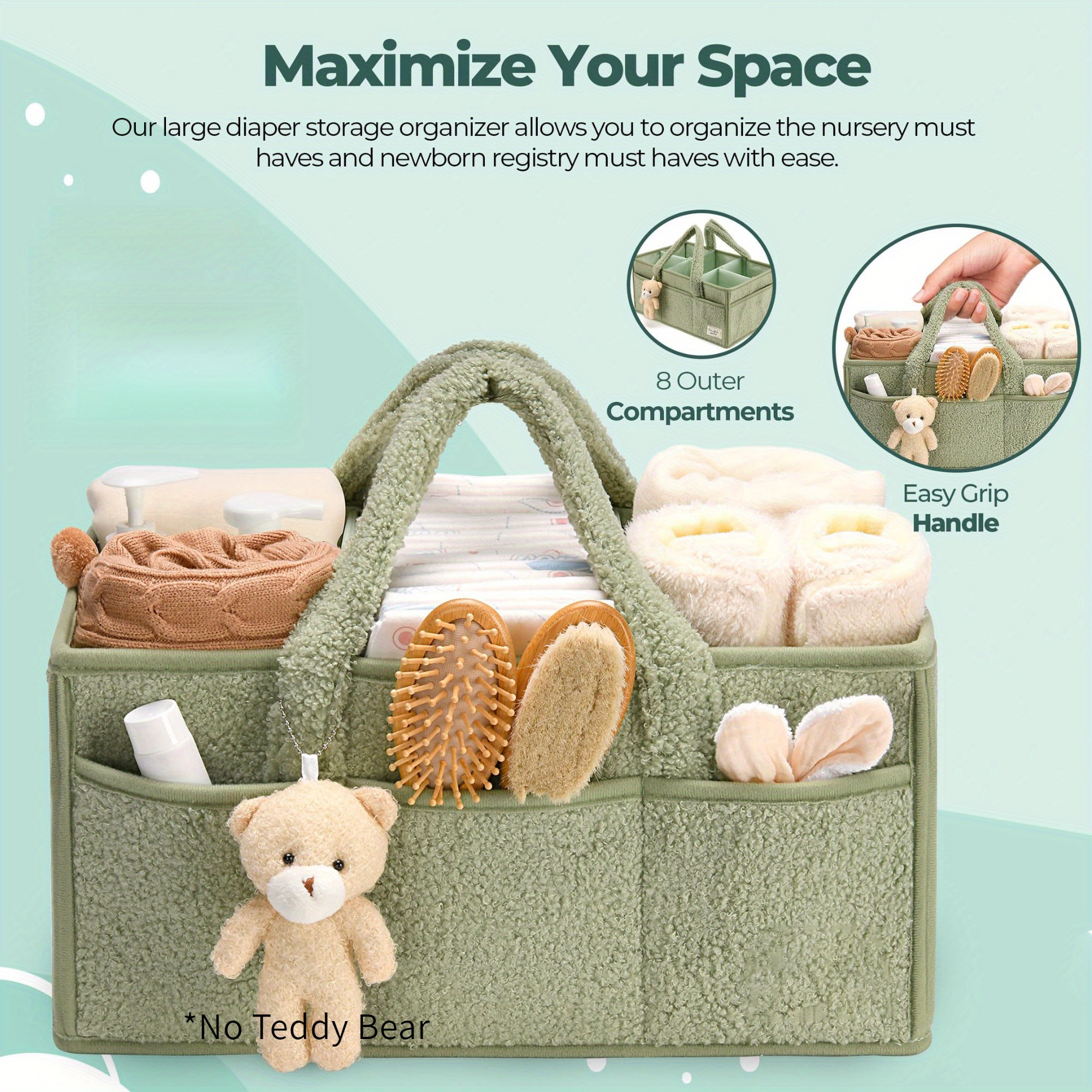 

Spacious Green Diaper Caddy Organizer For Changing Table - Polyester Storage Basket With Multiple Compartments, Handle, And Plush Toy Bear - Ideal For Diapers, Wipes, And Nursery - Gift