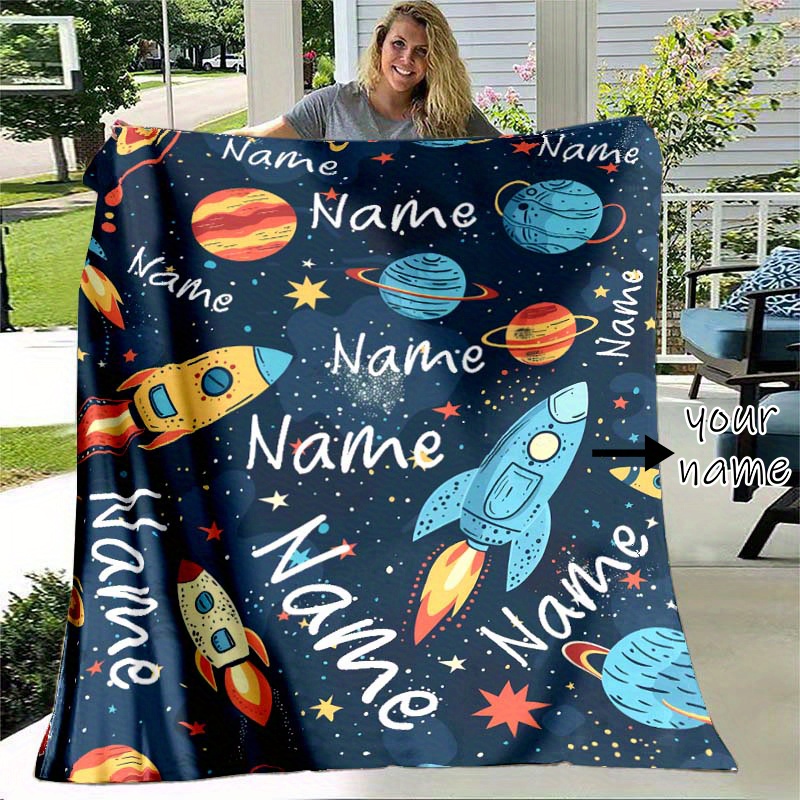 

Customizable Space-themed Rocket Pattern Flannel Blanket - Soft, Throw For Birthday & Holiday Gifts