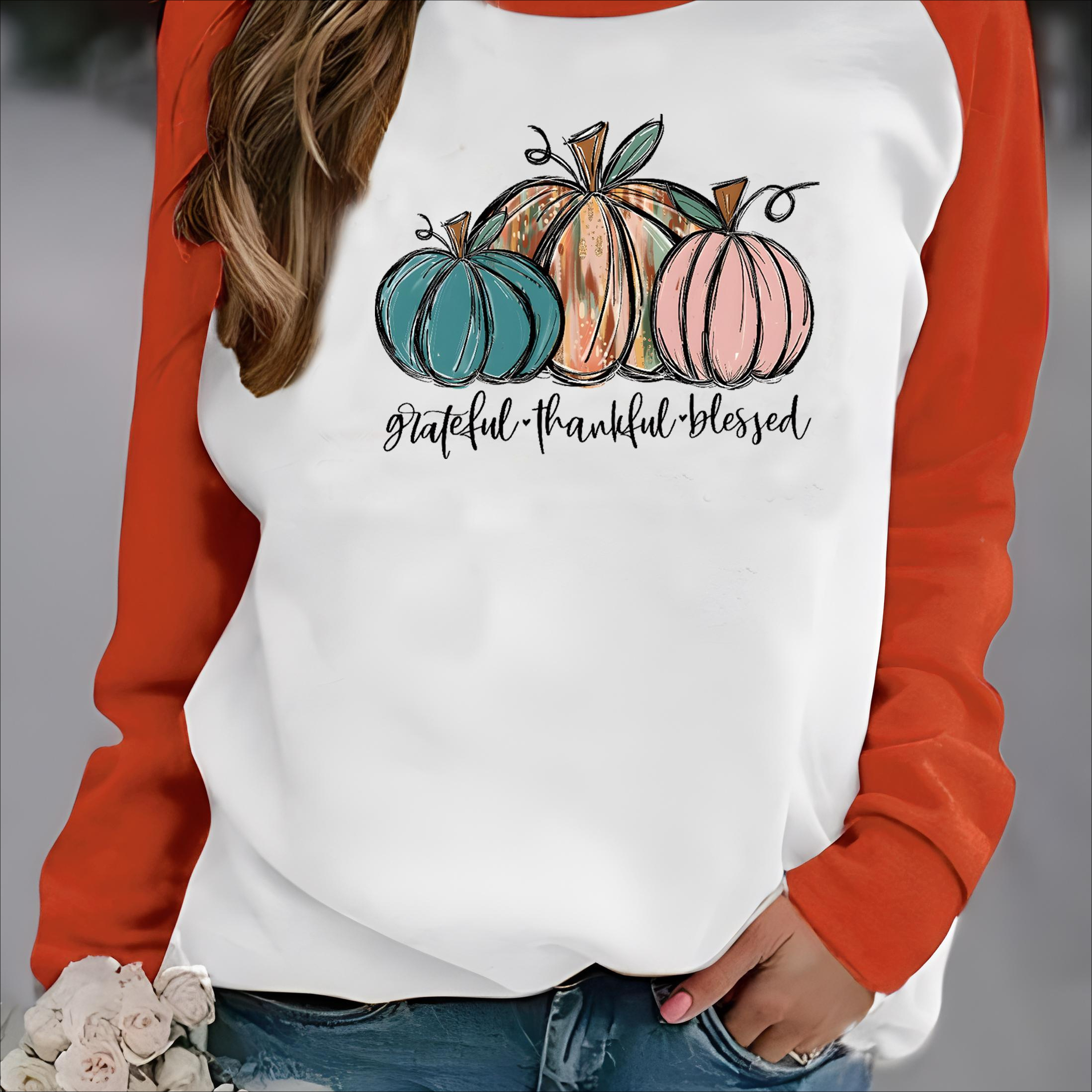 

Women's Thanksgiving Round Neck Long Sleeve Sweatshirt, Color Block Knit Cotton Pullover With Pumpkin Print, Casual Regular Fit, Spring/summer/, Non-waterproof, Crew Neck, Casual Wear