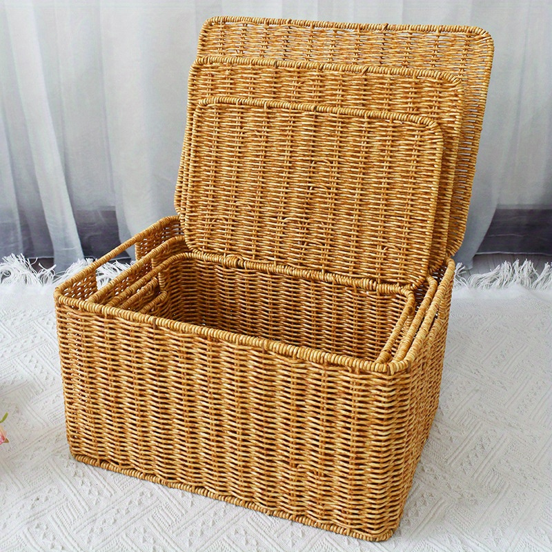 Aufbewahrungsbox mit Deckel, Korb, geflochtener Behälter, Picknick-Korb, Flechtkorb für Kleinigkeiten, Küchenkorb aus gewebtem Kunststoff