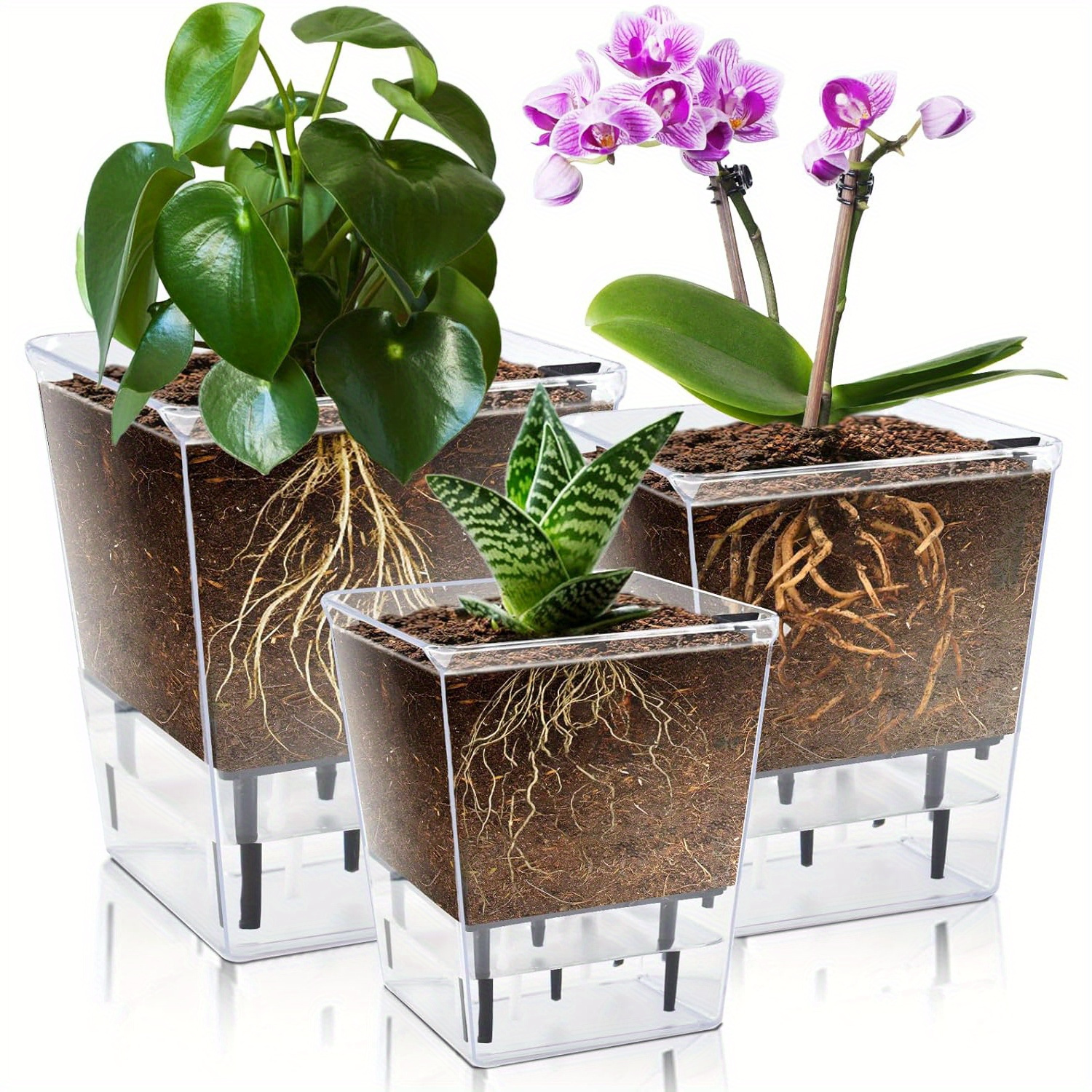 

2-pack Self-watering Planters With Deep Reservoir - Lightweight Plastic Indoor Plant Pots For Orchids, Spider Plants, African Violets - Modern Style With Non-slip Bottom, Includes Multiple Components