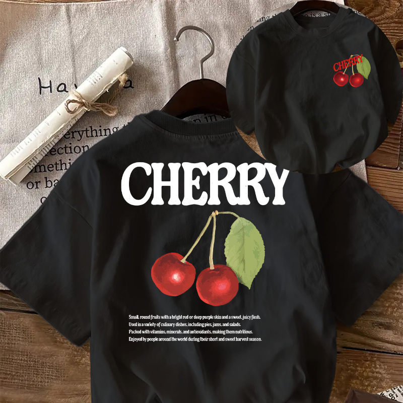 

Double-sided Cherry Graphic Print Knit Cotton T-shirt, Casual Crew Neck, Alphabet Pattern, All-season Comfort Fit Tee