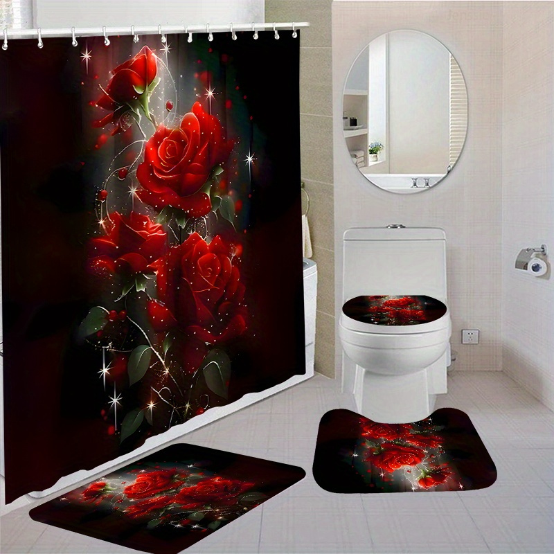 

1pc/4pcs Red Rose Flower Waterproof Bathroom Shower Curtain Set With 12 Hooks Toilet Seat Bath Mats And Rugs Non-slip Carpet Toilet Covers Polyester Fabric Washable Curtain Bathroom Accessories