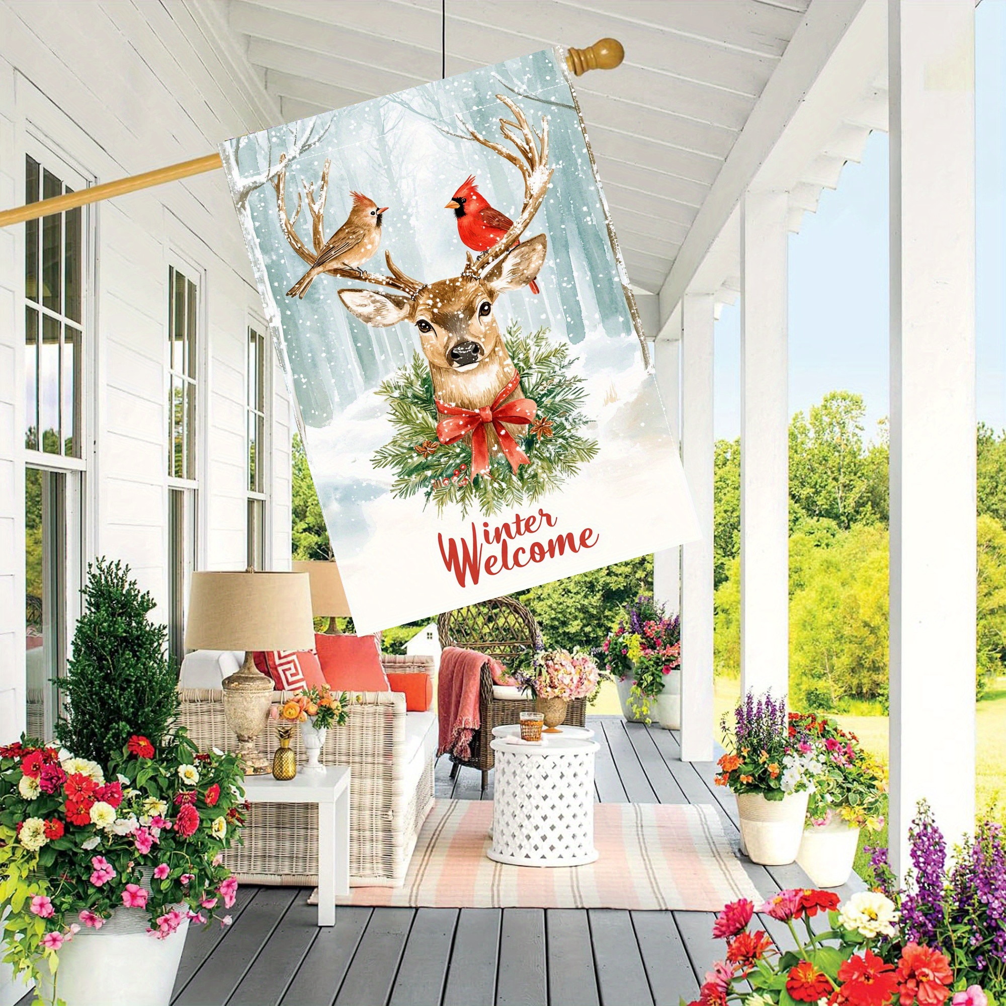 

1pcs Garden Flag - Double-sided Polyester Decorative Flag With Reindeer And Red Birds, Festive Wreath Design For Outdoor Lawn And Courtyard Decoration, 28x40 Inch, No Electricity Needed