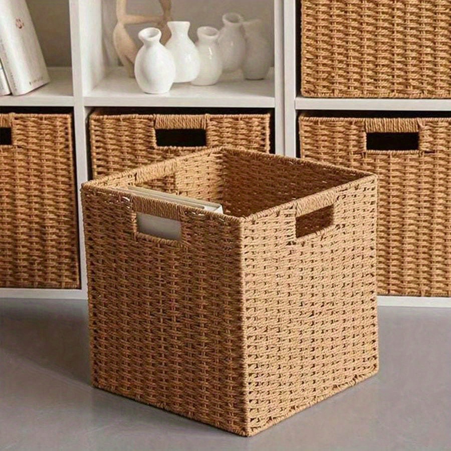 

1-pack Boho Paper Rope Basket, Folding Storage Bin For Shelf Organization And Decor, Multipurpose, Non-waterproof, For Clothing, Snacks,