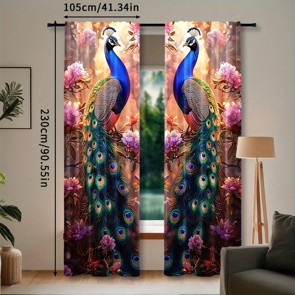 TEMU Set Of 2, Retro Peacock Floral Curtains For Home Decoration, Rod Pocket Window Covering, Suitable For Bedroom, Office, Kitchen, Living Room, And