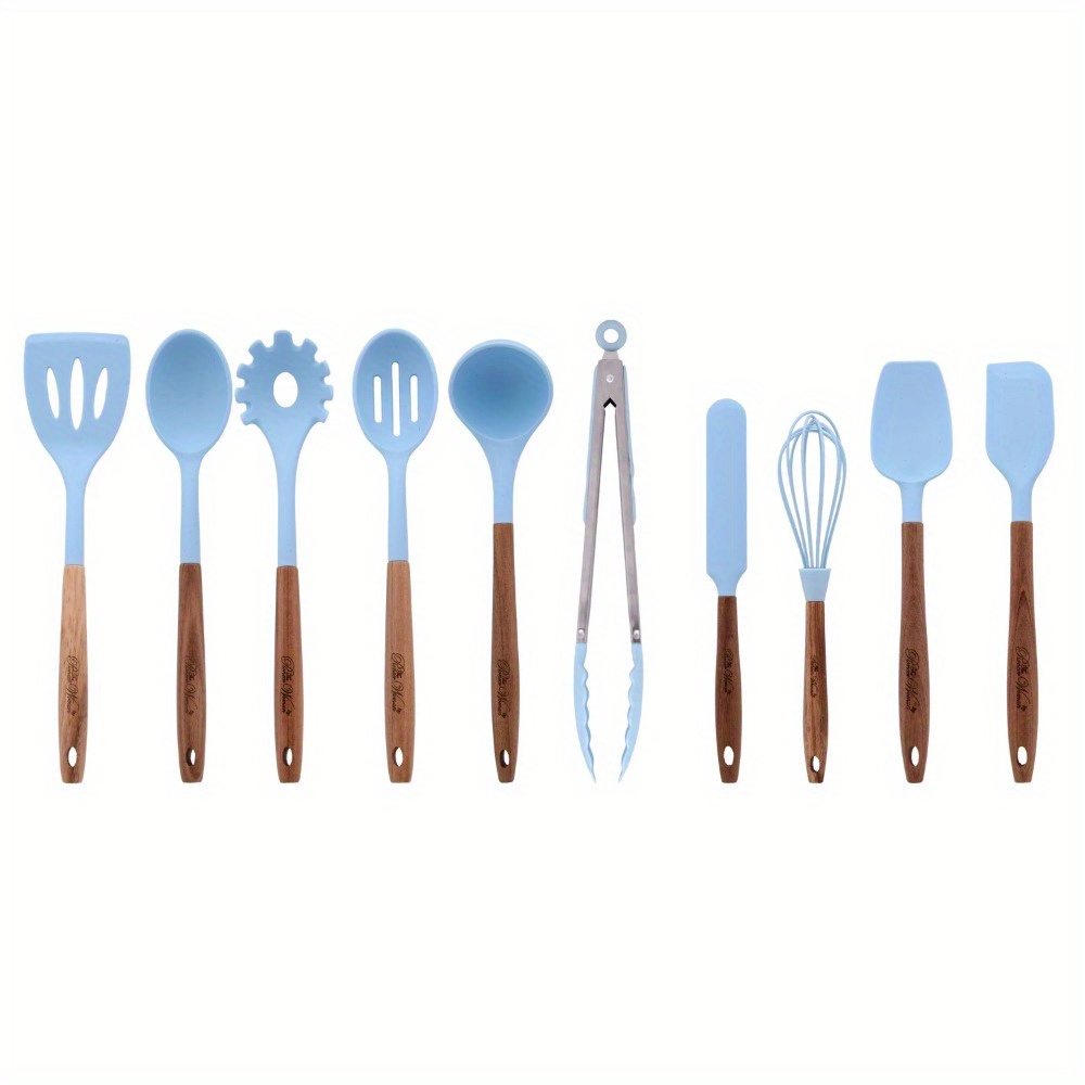 

10-piece Silicone And Acacia Wood Handle Cooking Utensils Set, Blue