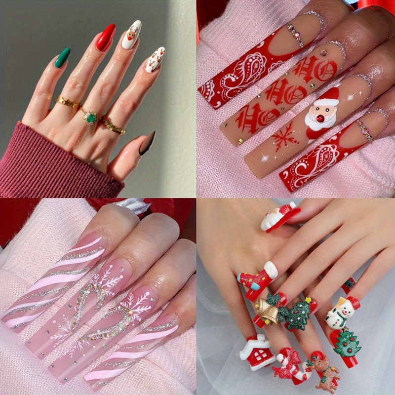 

96pcs Christmas Press On Nails Long Square Fake Nails Full Cover False Nails With 3d Elk Stripe Designs Christmas Nails Press Ons Acrylic Glue On Nails Christmas Stick On Nails For Women