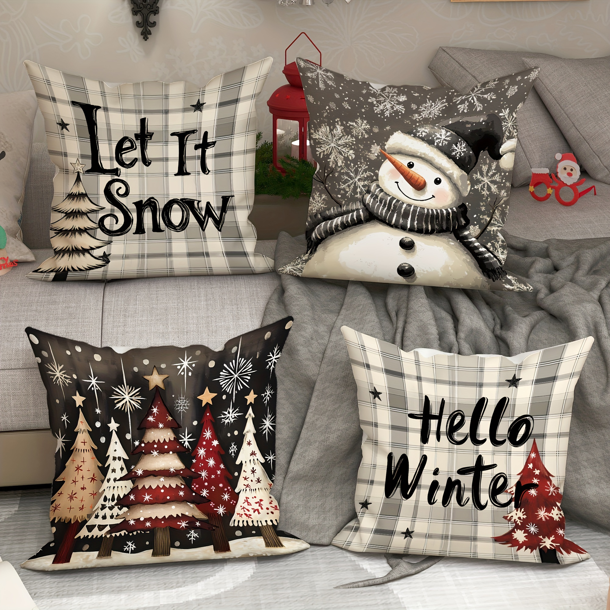 

4pcs Linen Christmas Pillowcases - Snowman & Tree Designs, Modern Zipper Throw Covers For Living Room Sofa, Winter Farmhouse Decor, Machine Washable, 18x18 Inches - Inserts Not Included