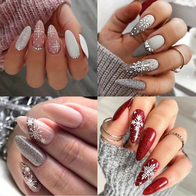 

96pcs (4pack) Christmas & Rhinestone Press-on Nails Set -medium Shape, White , Nail Art For Women And Girls