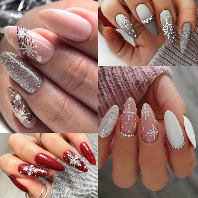 TEMU 96pcs (4pcs) Christmas Snowflake & Press-on Nails Set -medium Almond Shape, Glossy , Festive Nail Art For Women And Girls