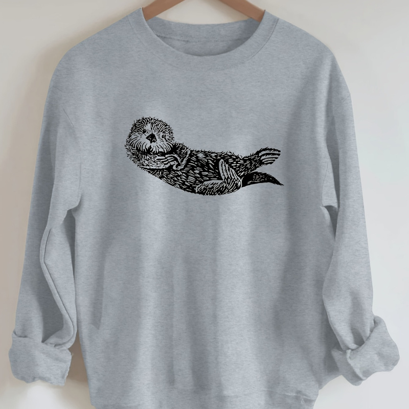 

Otter Print Sweatshirt For Women - Casual Polyester Knit Fabric, Round Neck, Animal Pattern, Fall/