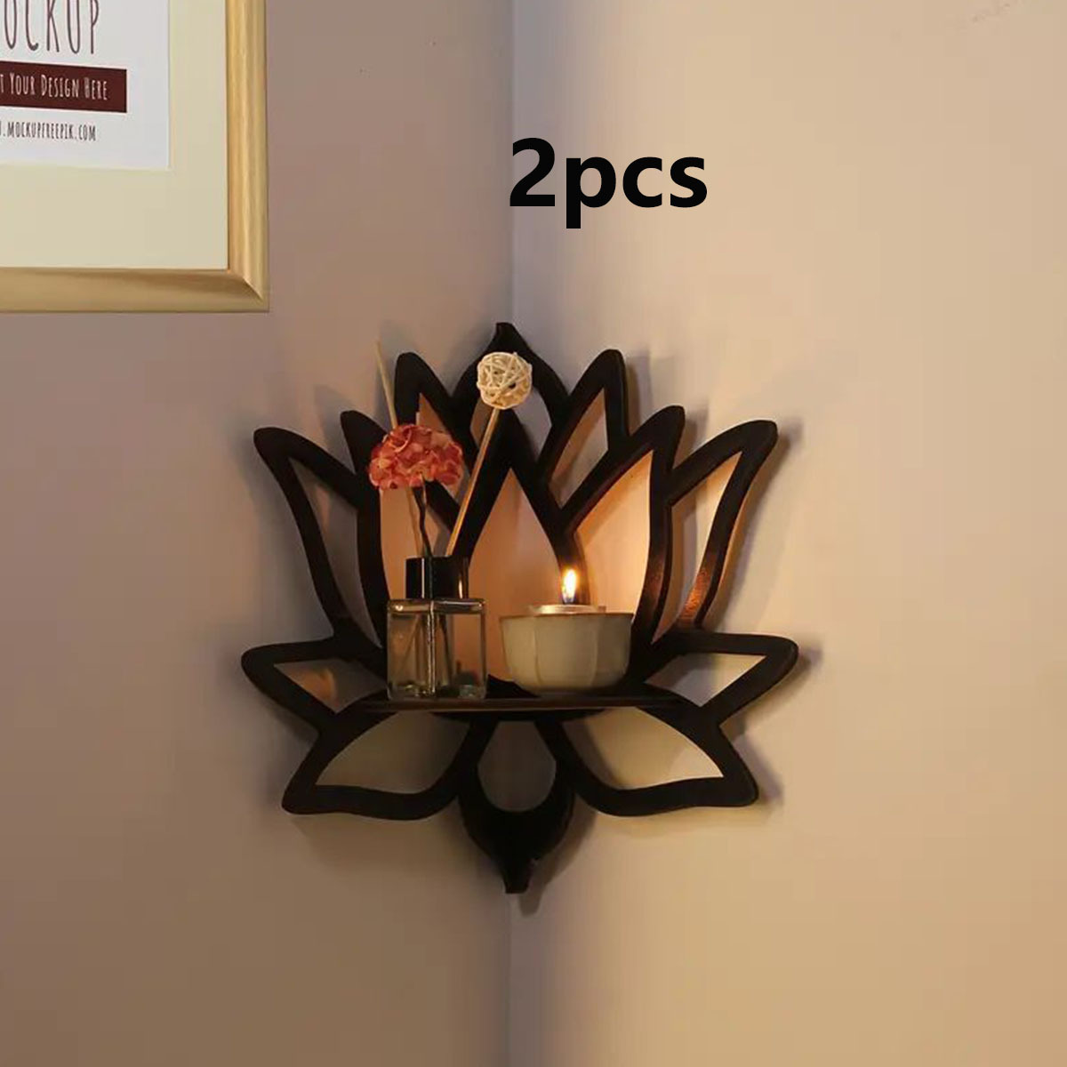 

2-pack Wooden Lotus Wall-mounted Candlestick Holders, Decorative Floating Shelves For Plant Display, Crystal Storage, Scented Candle Organizer For Bedroom, Hallway, Home Aesthetic Room Decor