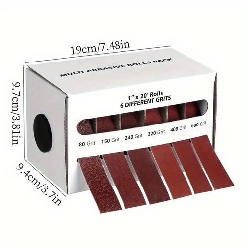 a roll of emery cloth measuring 2 54 cm featuring assorted of abrasive sandpaper including 80 150 240 320 400 and 600 each roll is 6 meters long and with a dispenser suitable for woodworking automotive and metal polishing