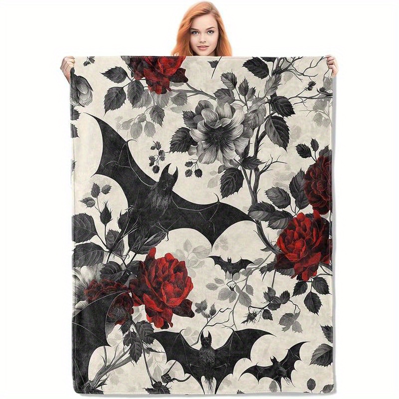 

Gothic Floral Blanket, Roses And Bat Flannel Throw Blankets, Soft Warm Lightweight Cozy Plush Goth Throw For Bedroom Sofa Home Decor Gifts