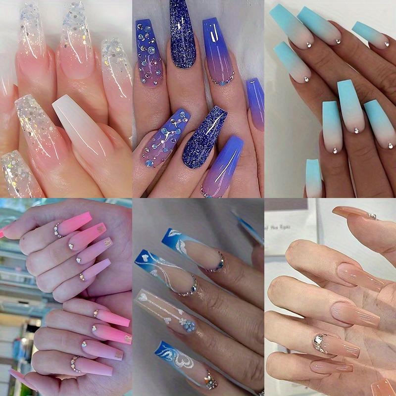 

144pcs Long Coffin Fake Nails, (6 Pack) Pink Blue Gradient Rhinestone Press On Nails With Shiningrhinestone Design, Glossy Glue On Nails Full Cover Square False Nailsfor Women Girls