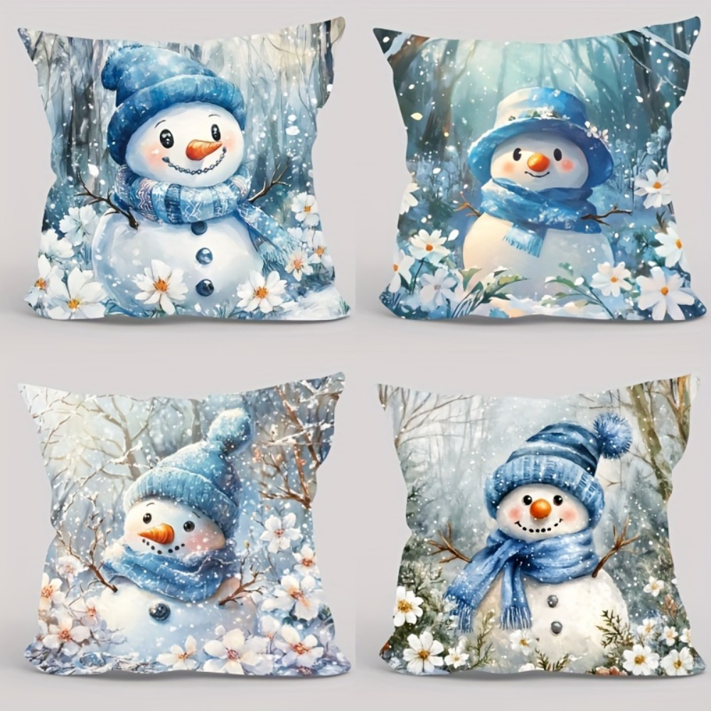 

4-pack Snowman Pillow Covers, 18x18 Inches, Blue Hat & Scarf Design, Soft Knit Polyester, Traditional Style, Zipper Closure, Machine Washable, For Living Room, Office, Car Decor