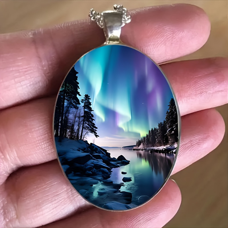 TEMU 1pc Fashionable And Elegant Aurora Landscape Pattern Oval Alloy Glass Pendant Chain Necklace