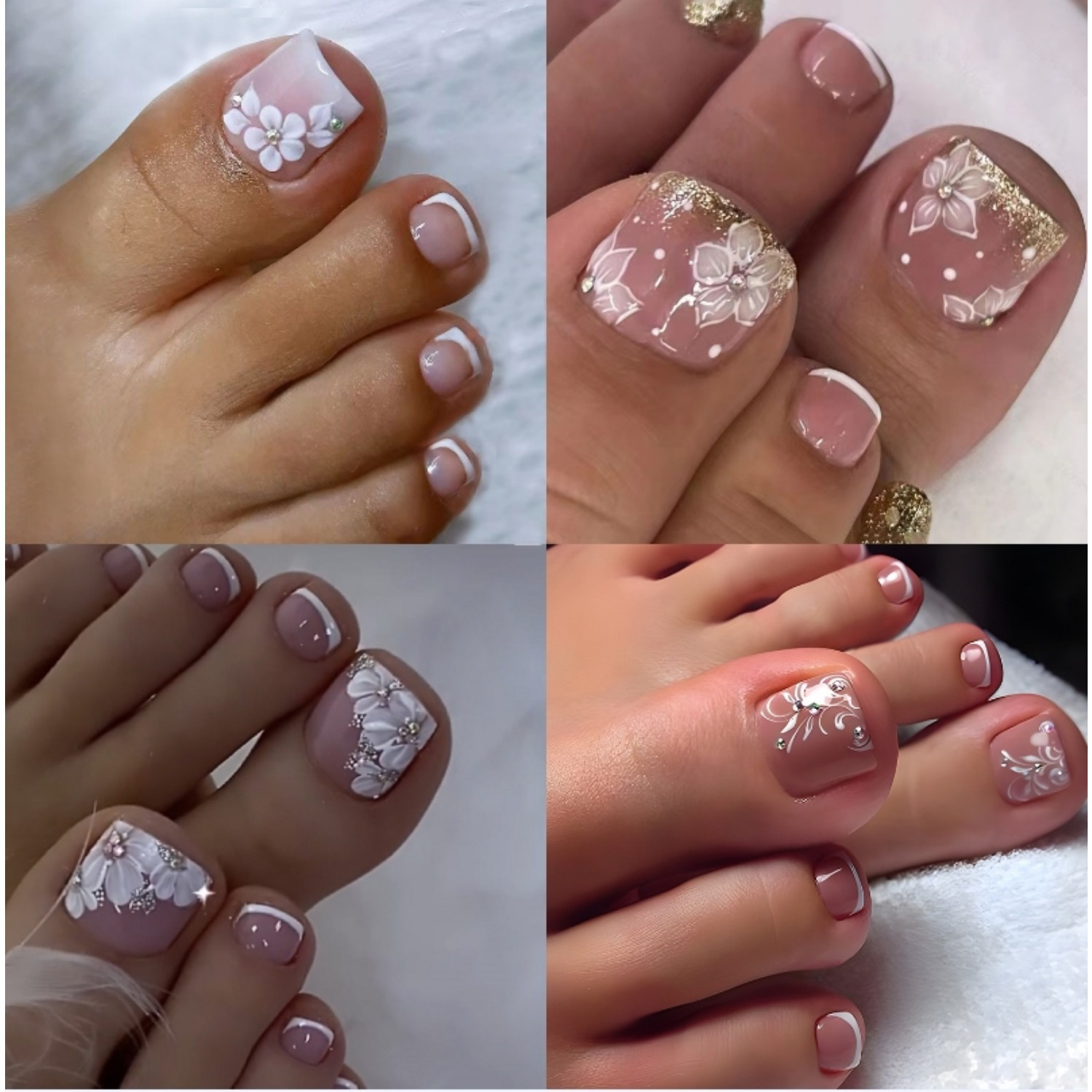 TEMU 96pcs Flesh-colored Press On Toenails Short - Square Fake Toe Nails Press Ons Nail Art Tip With Flower Rhinestones Design Full Cover Acrylic Beach False Toe Nail Stick Glue On Nails For Women