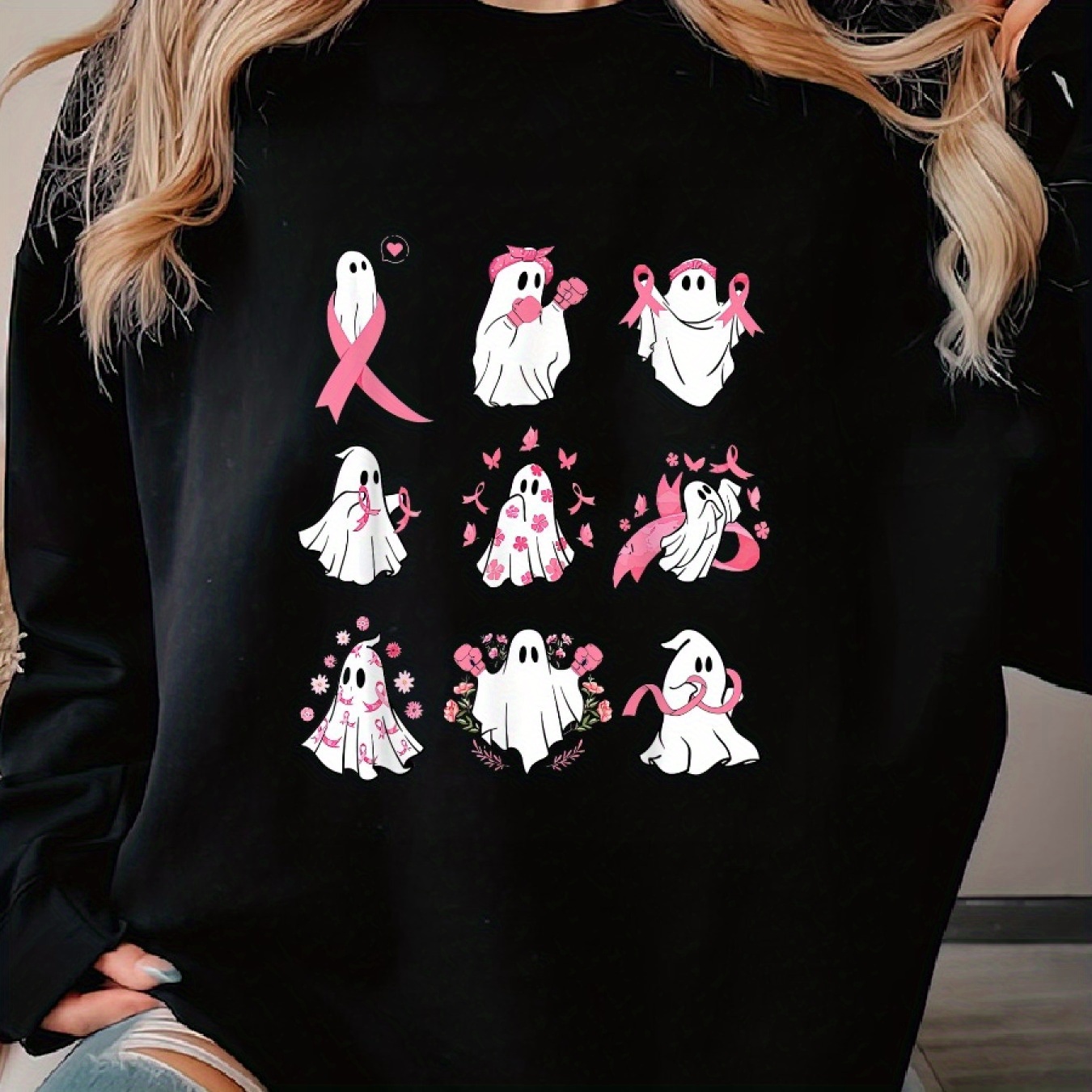 

Pink Halloween Breast Awareness Woman's Cozy Pullover Sweater, Casual Long Sleeve Crew Neck Sweater For Sports