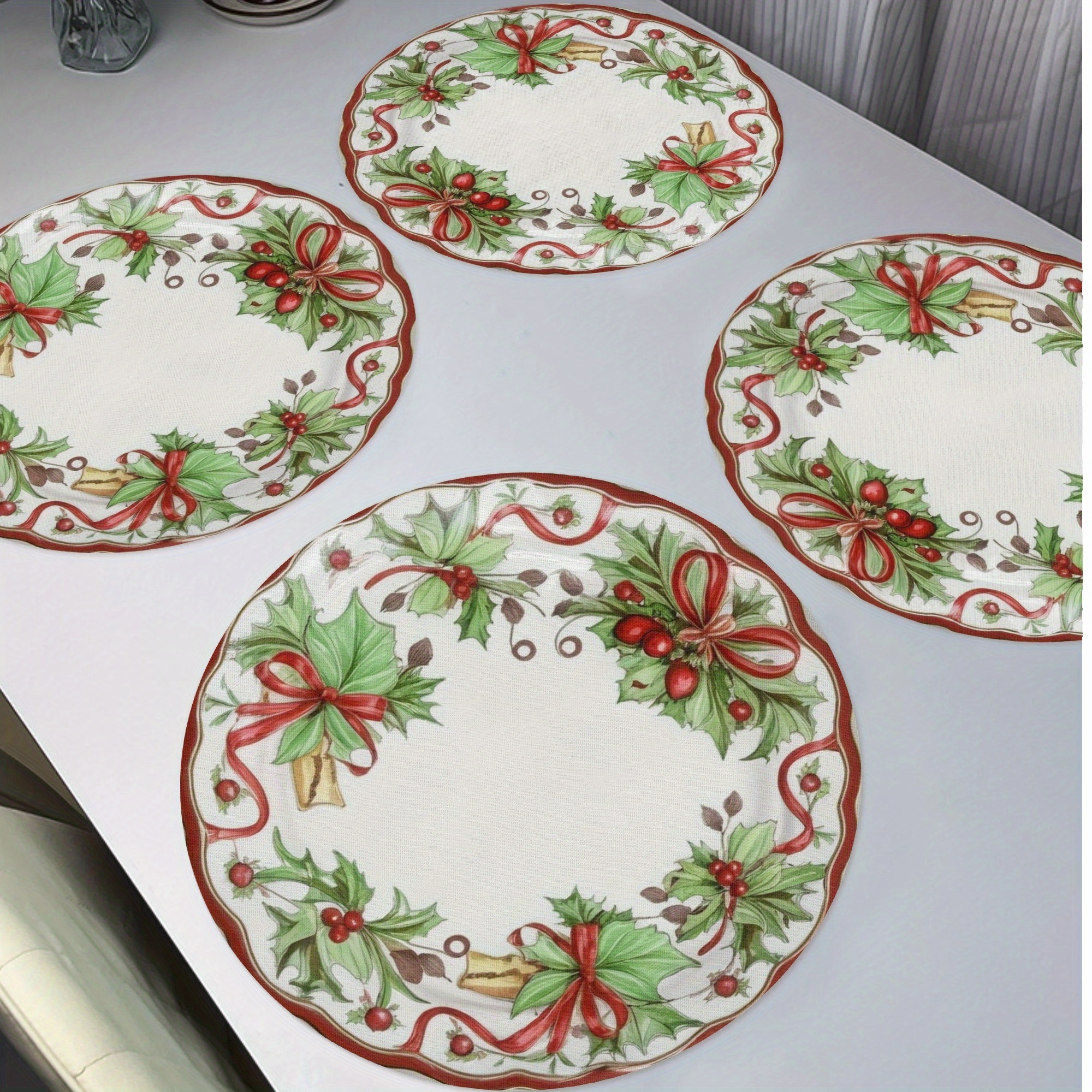 

Christmas Placemat Set - 4pcs Round Polyester Table Mats, Holiday Dining & Kitchen Decor