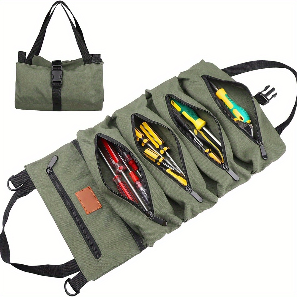 

Waterproof Tool Roll Bag, Heavy-duty Canvas Tool Organizer, Multi-pocket Tool Roll Storage, Zippered Tool Holder, With 5 Zippered Pockets, For Electricians And Handyman, Green