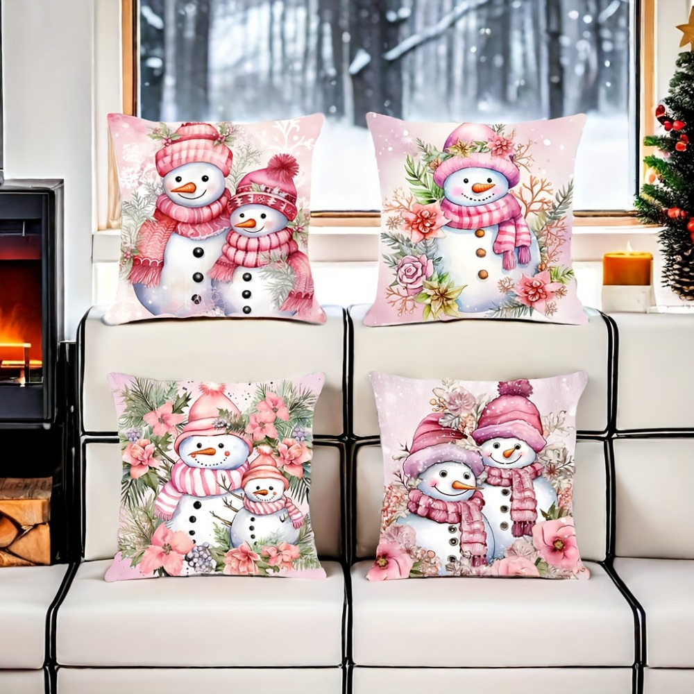 

Vintage Snowman And Floral Throw Cushion Covers, Set Of 4, Hand Washable Zippered Polyester Cases, 18x18 Inches, Woven Decorative Slipcovers For Living Room