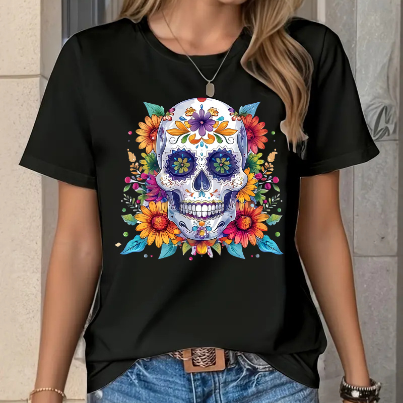 

Of The Dead Sugar Skull Floral Print T-shirt, Casual Crew Neck Polyester Knit Top, Breathable & Lightweight - For All