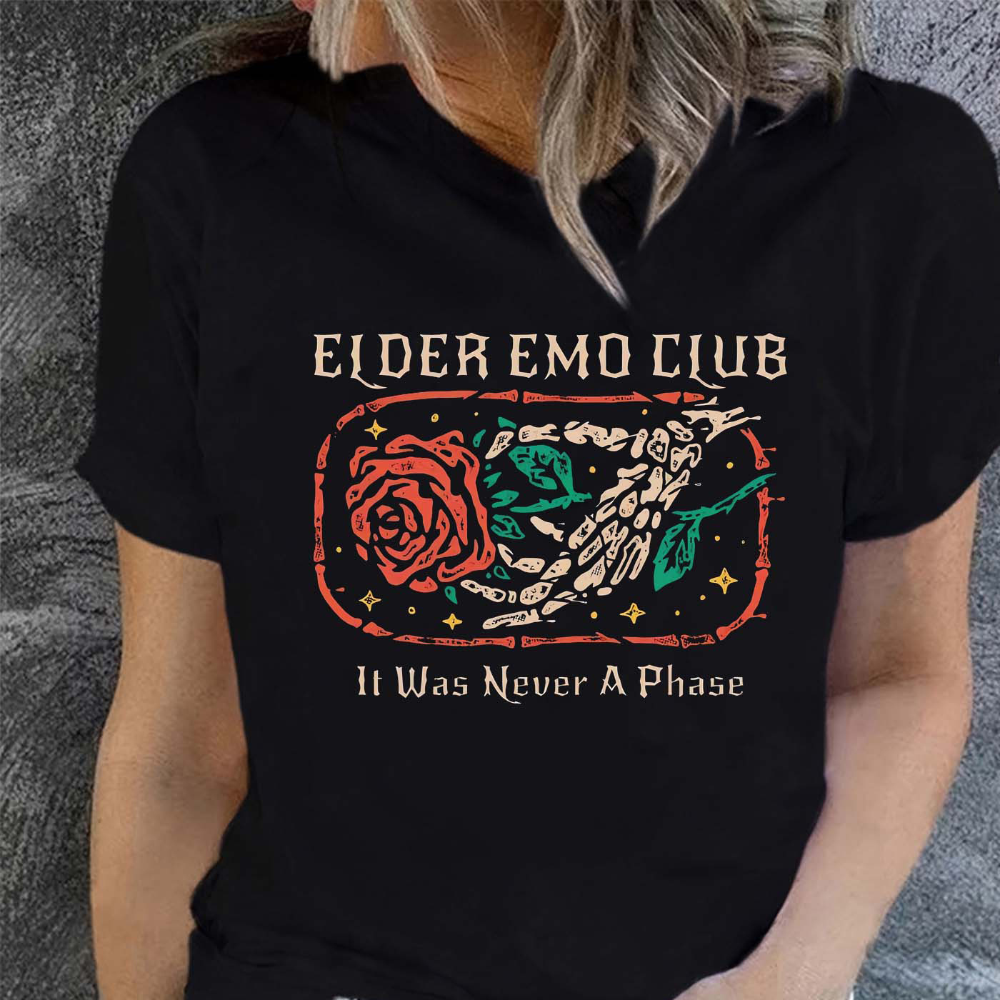 

Elder Emo Club Graphic Tee – Polyester & Spandex Blend, Knit Fabric, Crew Neck, Short Sleeve Casual T-shirt For Women – Skull & Rose Print, Summer Fashion Top