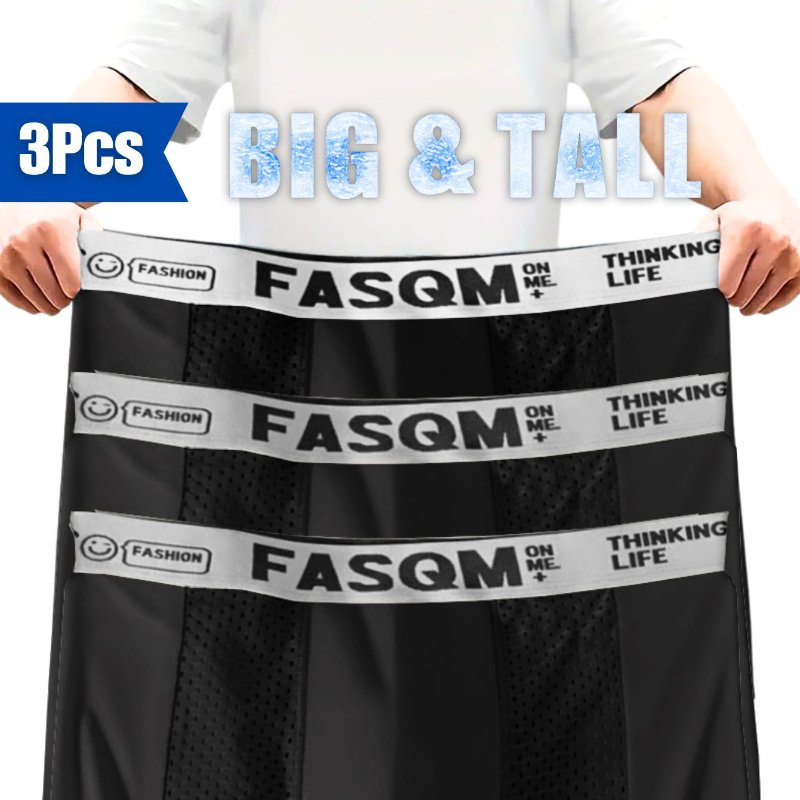 

3pcs Plus Size Men's Icy Charm Comfy Boxers , Mesh Patch Breathable Comfy Stretchy Trunks, Men's Casual Plain Color Underwear Green Black Deep Gray Color Letter Print Waist Band, Plus Size