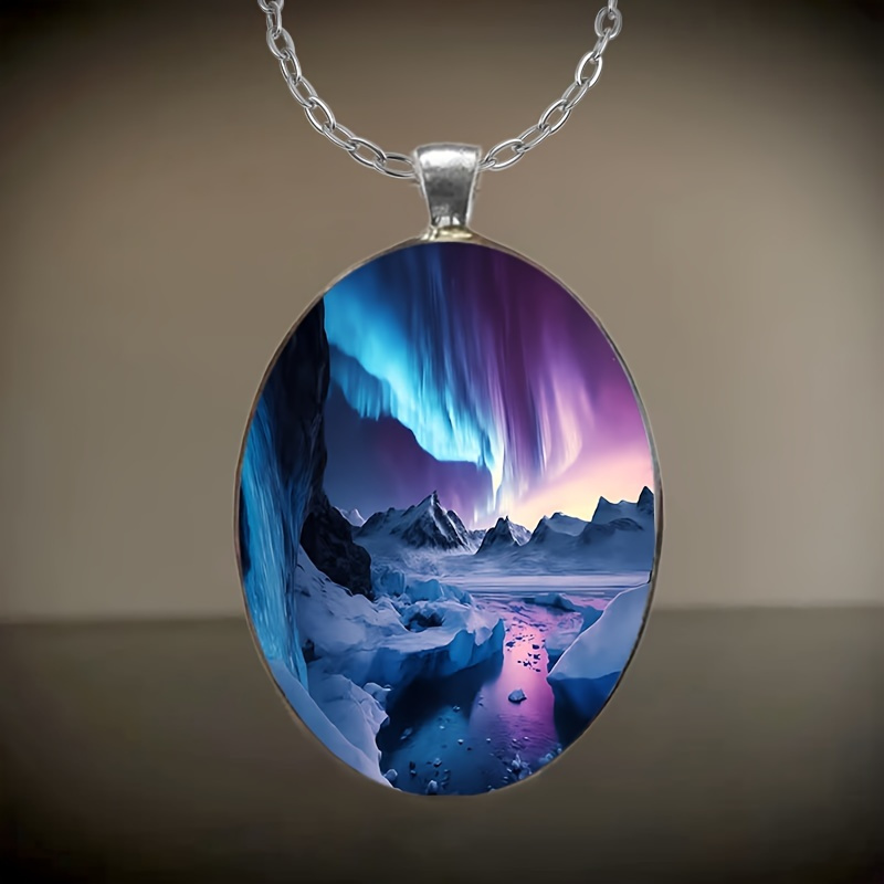 

1 Piece Stylish And Elegant Aurora Landscape Pattern Oval Alloy Glass Pendant Chain Necklace Christmas Gift/ Gift/ Thanksgiving Gift...