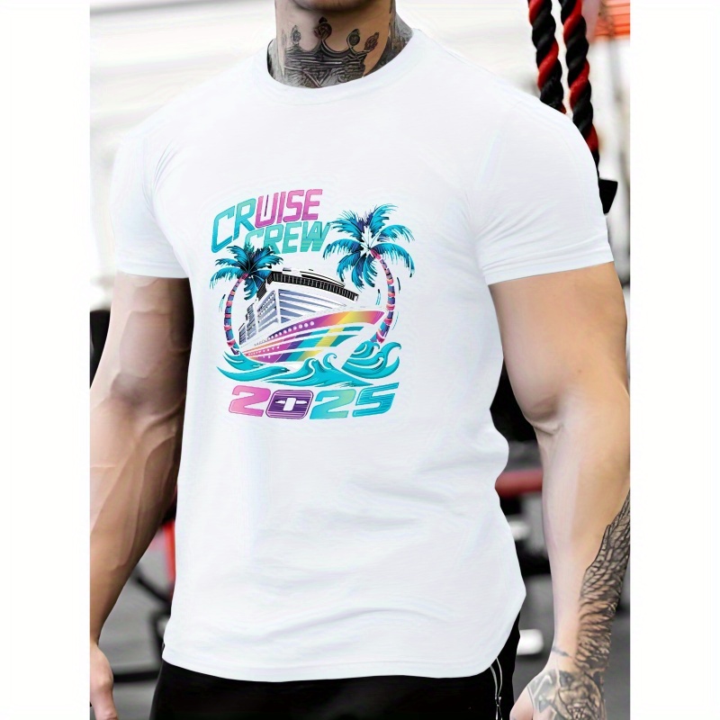 

Men's Polyester Geometric Cruise Crew 2025 Graphic Tee - Casual Crew Neck T-shirt With Slight Stretch, Knit Fabric Regular Fit For Summer