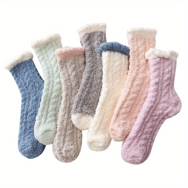 

7 Pairs Of Coral Fleece Crew Socks, Casual And Warm Soft Floor Home Socks For Autumn And Winter, Women's Stockings And Socks