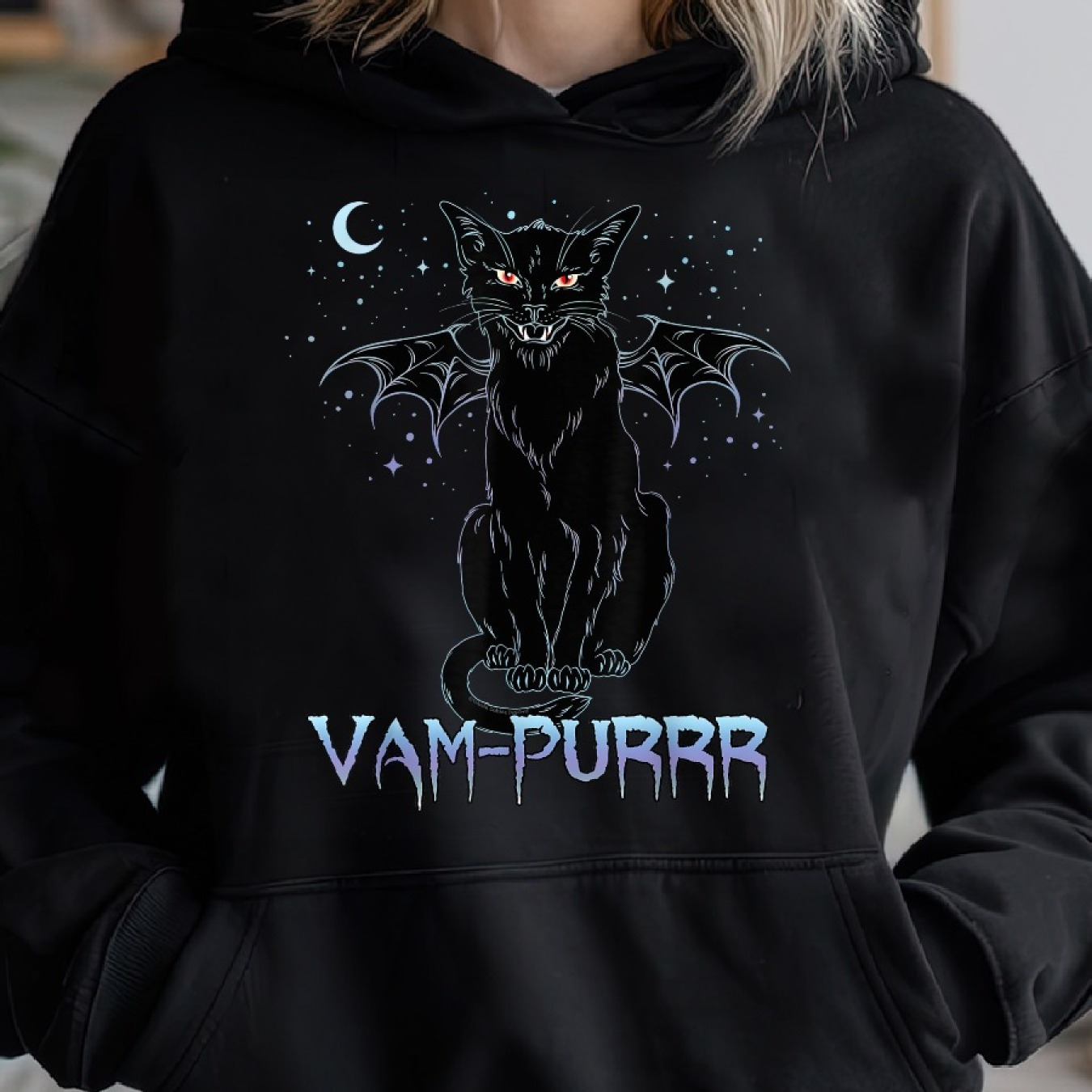 

Vampire Cat Vam-purrr Cat Lovers Cozy Pullover Hoodie, Casual Long Sleeve Hoodie For Sprots