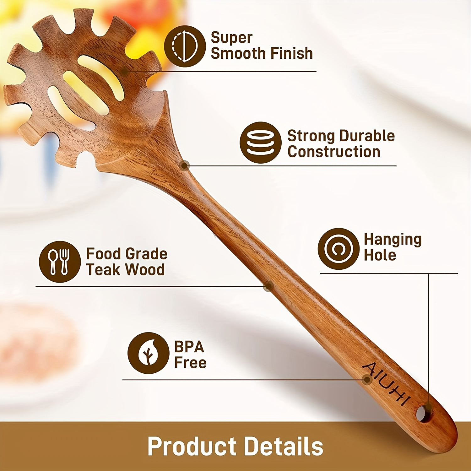 1pc premium teak wood pasta fork handcrafted slotted spoon with strainer   bpa free spaghetti server with hanging hole details 0