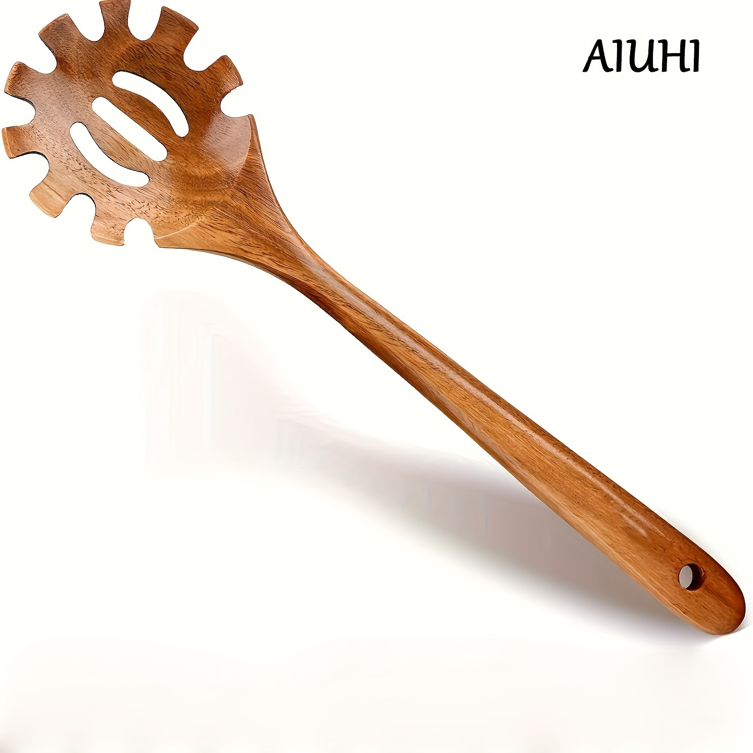 1pc premium teak wood pasta fork handcrafted slotted spoon with strainer   bpa free spaghetti server with hanging hole details 1