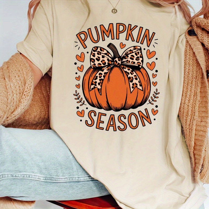 

Women's Casual Pumpkin Print Oversized T-shirt - Crew Neck, Short Sleeve, Stretchy Polyester , Machine Washable - Thanksgiving & Fall